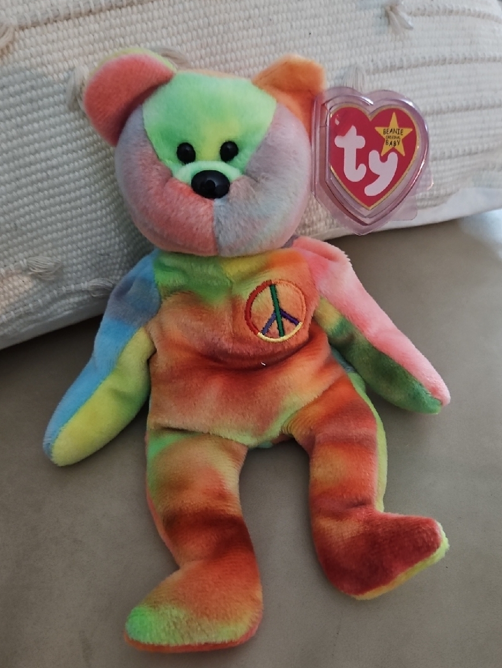 Ty Multicolor Tie-Dye Peace Bear Plush - Rainbow Colors
